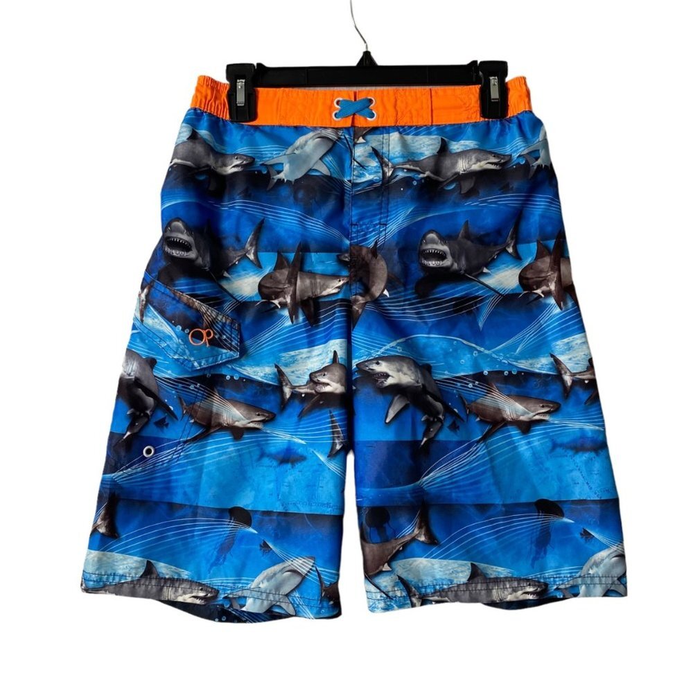 OP Boys Sz XL 14-16 Blue Sharks Graphic Print Swimming Trunks Board Swim Shorts